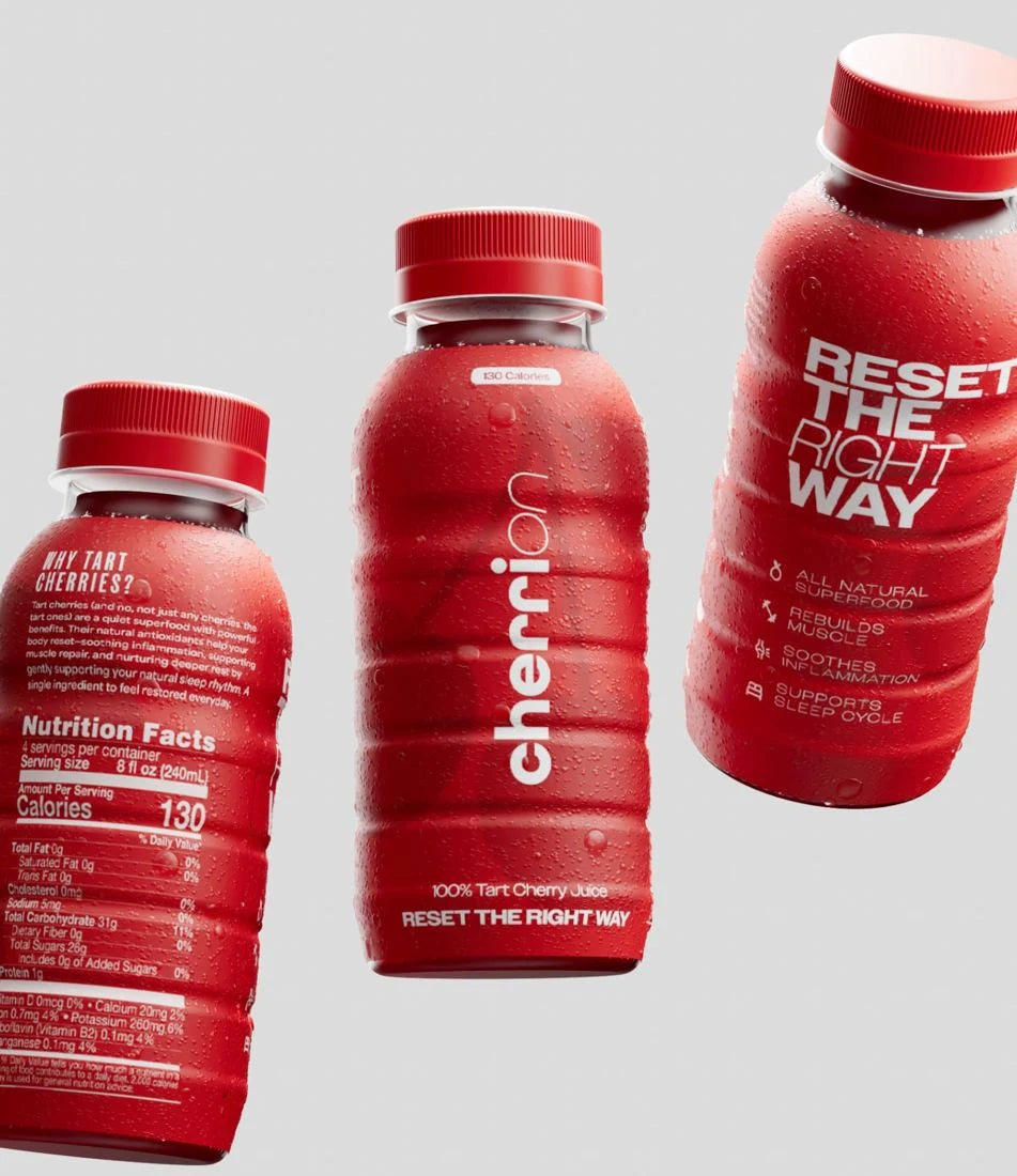 Three red CherriOn bottles showing the front label, the nutrition panel and the Reset the Right Way back label